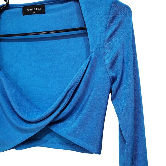 White Fox Front Twist Jersey Long Sleeve Crop Top Sweetheart Neck Blue Size XS - Picture 6 of 10